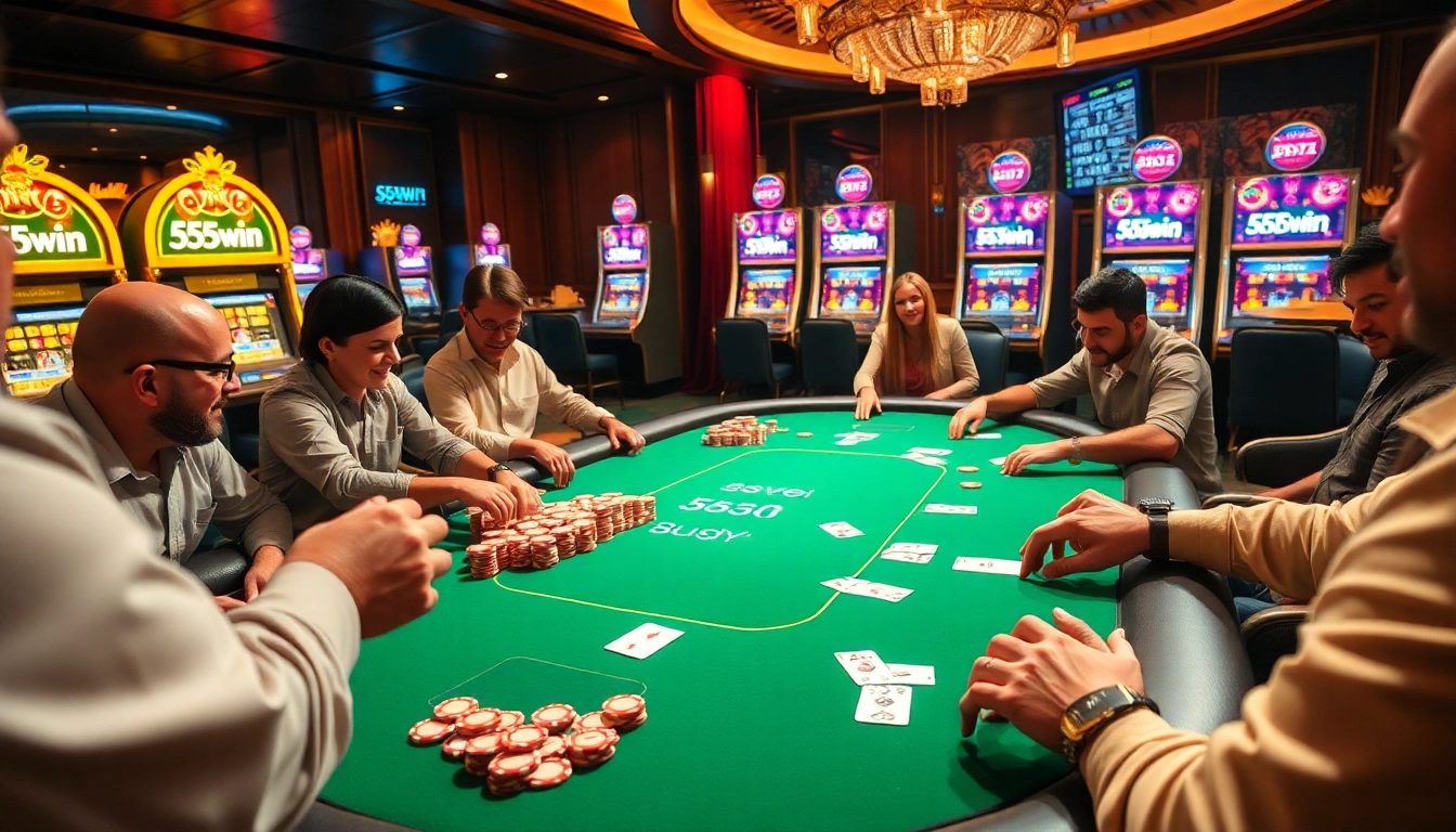 Players enjoying a thrilling poker game at 555win casino, surrounded by dazzling chips and cards.