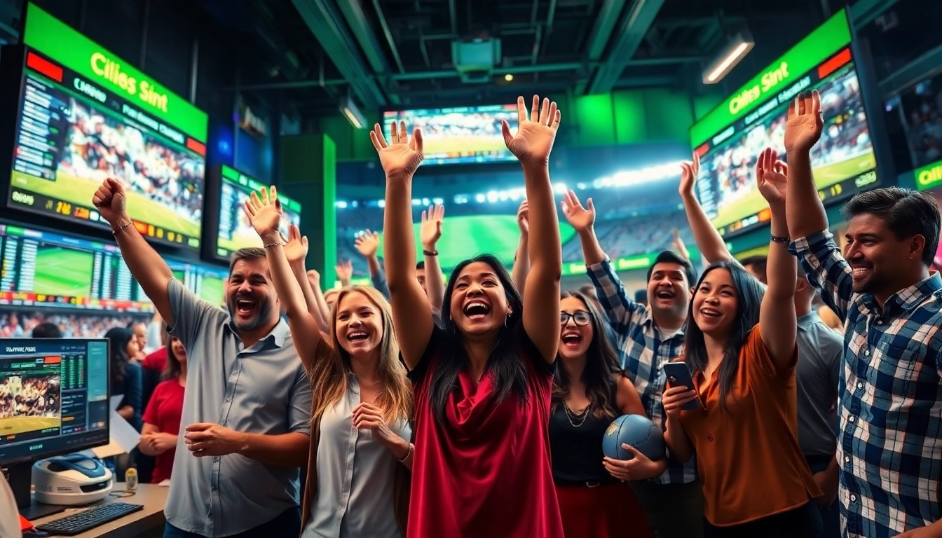 Vibrant scene of people engaging in site de paris sportifs, celebrating sports betting wins with excitement.