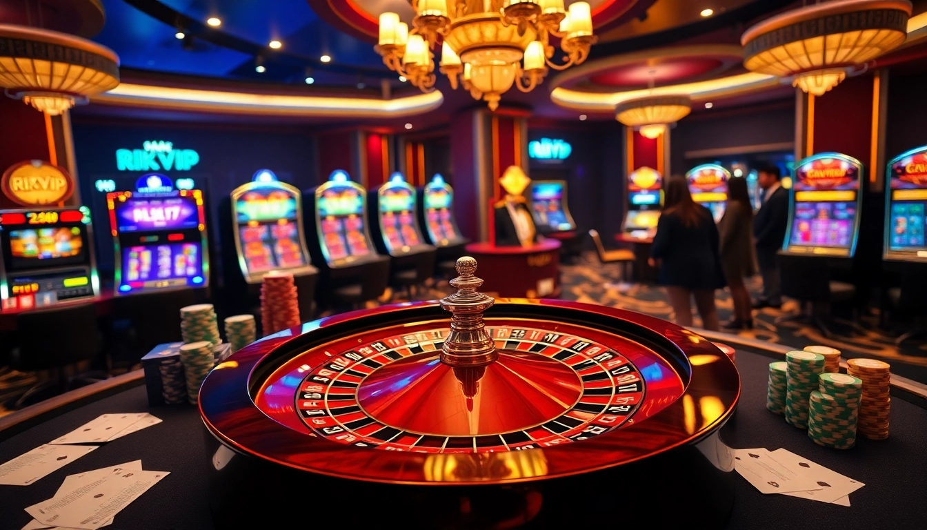 Engaging players at a luxurious Rik Vip online casino with roulette and poker chips.