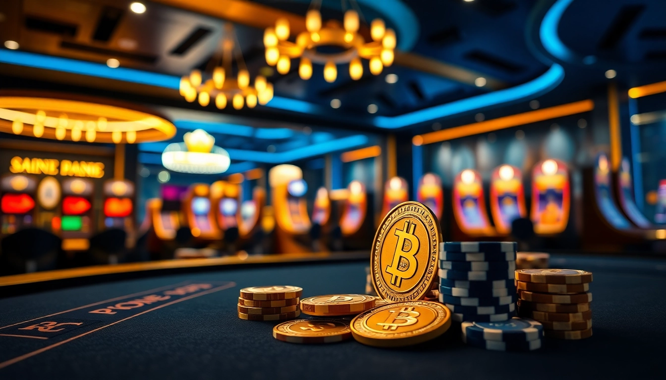 Engage in thrilling games at a casino en ligne Bitcoin with vibrant atmosphere and digital elements.
