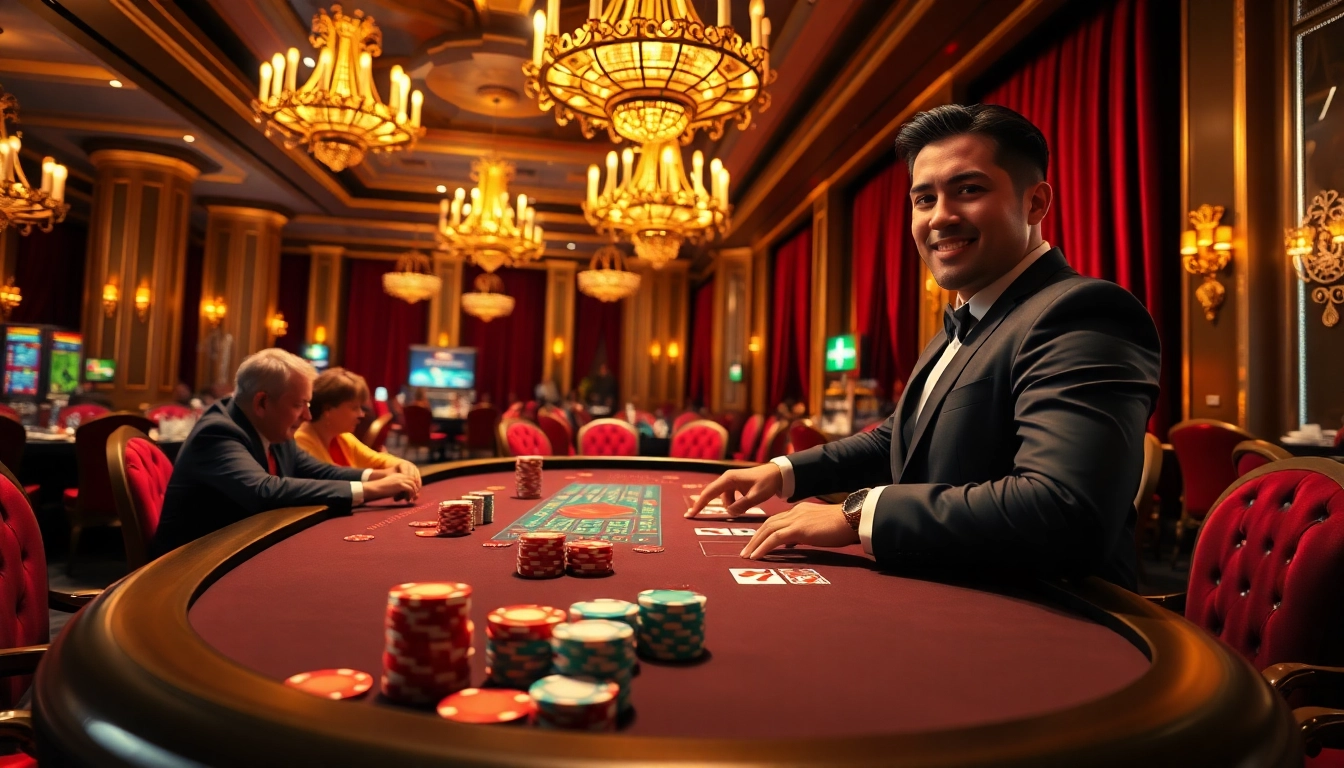 Vibrant casino atmosphere highlighting the meilleur casino en ligne francais with poker chips and a friendly dealer.