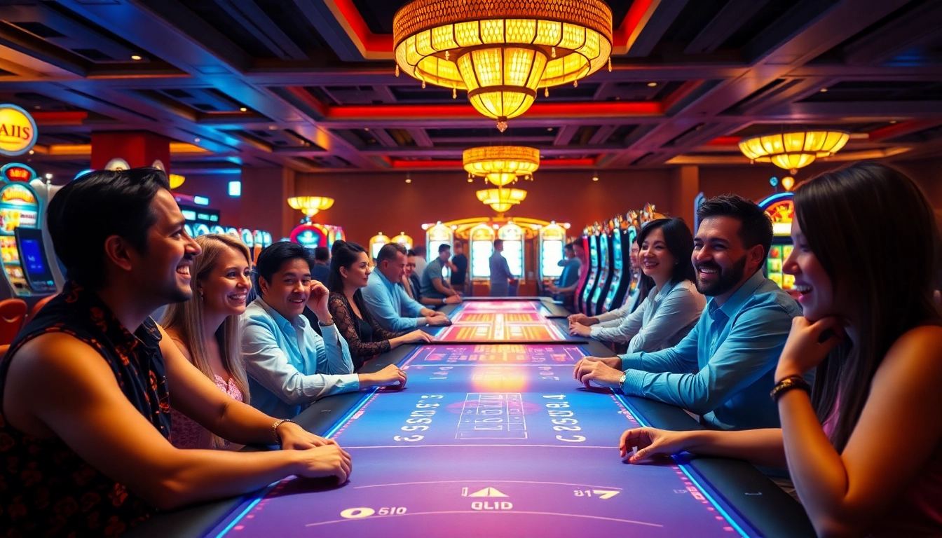 Vibrant scene of meilleur casino en ligne français with enthusiastic players at gaming tables.