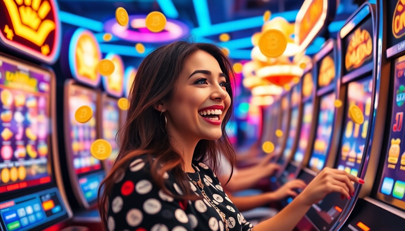 Les meilleures machines à sous dans un crypto casino France avec une femme souriante et des lumières vives.