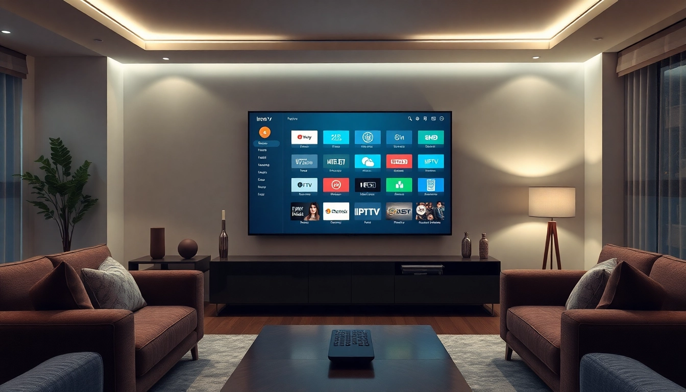 Iron tv pro interface displayed on a modern living room TV showcasing a cozy viewing experience.