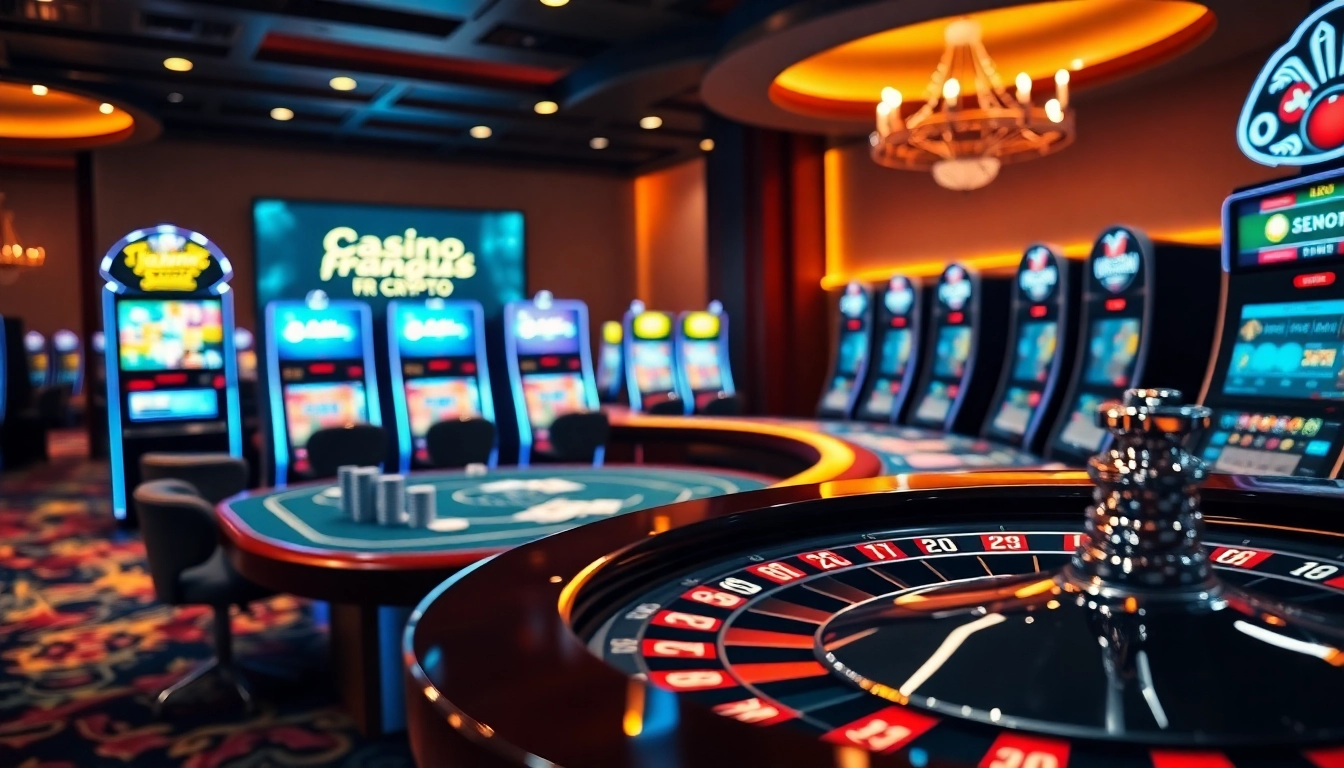 Experience the thrill at a vibrant casino français crypto, complete with tables, cards, and slot machines.