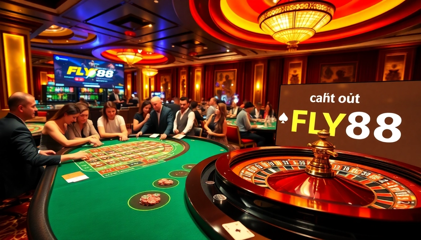 Experience the thrill of rút tiền FLY88 at an opulent casino table with excited players.